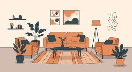 Fototapeta premium Cozy Living Room Interior Design with Modern Furniture and Plants PNG Transparent Background Isolated