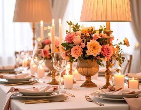 Elegant table setting with flowers and candles