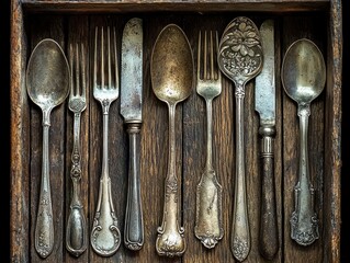 Antique silverware set in a wooden box.  Vintage cutlery arranged neatly in a dark wooden tray.  Old silver-toned utensils with ornate details