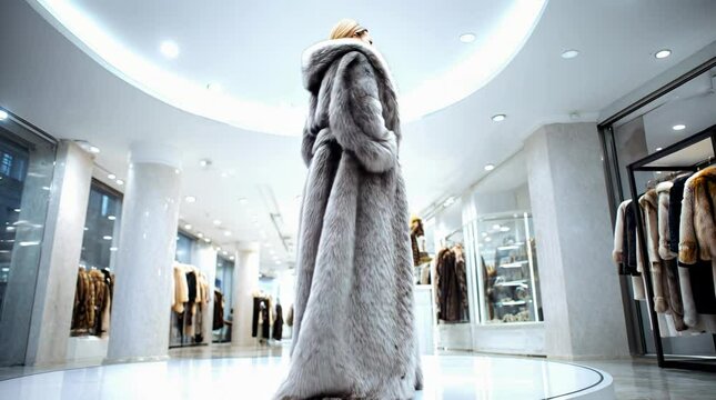 A young and beautiful woman tries on a fur coat in a clothing and fur store. 