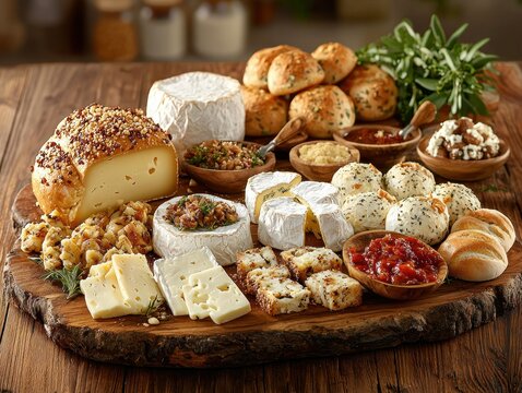 Assorted cheeses and breads on a wooden platter. A variety of cheeses, including creamy, hard, and semi-hard, are arranged on a rustic wooden platter.
