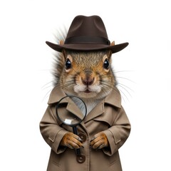 A charming squirrel detective is ready to solve the mystery with a magnifying glass.