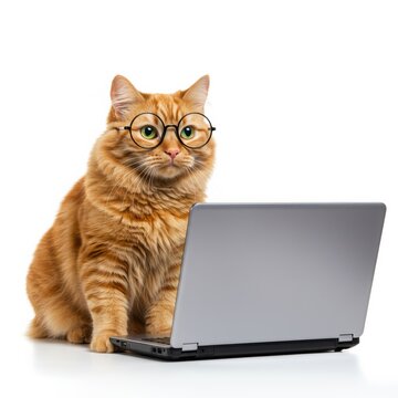 A ginger cat wearing glasses looks intently at a laptop, ready to work or study.