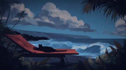 tropical beach sunset lounge chair silhouette palm trees ocean waves digital illustration ambient landscape