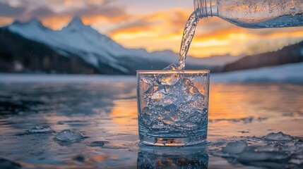 Refreshing Water Pouring Into Glass Against Mountain Sunset Background