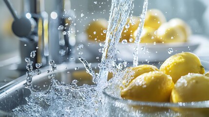 Fresh Lemons Being Washed Under Running Water in Modern Kitchen Sink