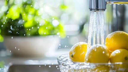 Fresh Lemons Under Water Splashing from Modern Faucet in Kitchen