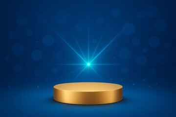 Golden Podium with Brilliant Glow: A gleaming golden podium is dramatically illuminated against a rich dark-blue backdrop, exuding elegance and a sense of importance.