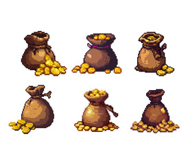 Pixel Art Gold Coin Sacks Collection, Treasure and Reward Icons. Collection of six distinct pixel art sacks filled with glittering gold coins pixel art.