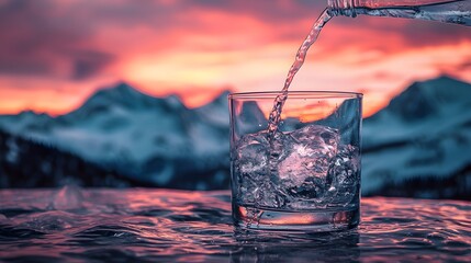 Refreshing Water Pouring into a Glass Against a Scenic Sunset Background