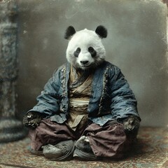 vintage anthropomorphic panda wearing traditional asian robe digital art manipulation surreal