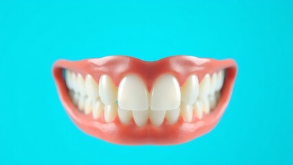 Naklejka premium Close-up of healthy white teeth with clean gums against a blue gradient background.