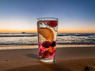 Italian soda drinks served in clear glasses with beach views and sunset lighting in a photo grid