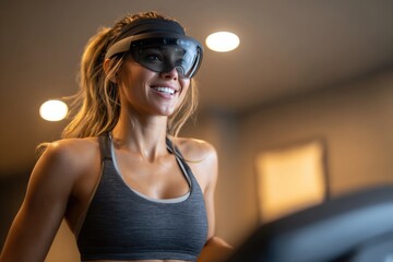 Woman wearing virtual reality glasses on a treadmill.