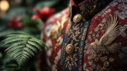 Obraz premium Red-and-white woven kebaya fabric with gold embroidery, warm sunlight illuminating intricate details, tropical foliage softly blurred.