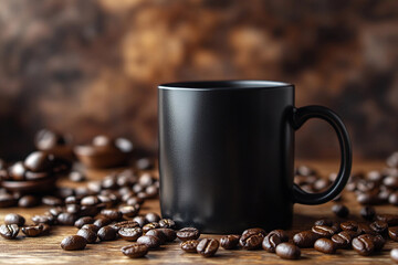 Coffee cup and roasted coffee beans on rustic wooden table, warm and cozy coffee background for beverage and cafe themes