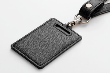 Close-up of a black leather id badge holder on a lanyard.