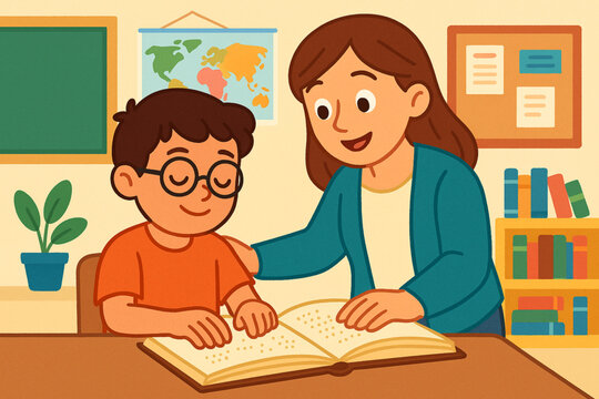 Young Boy with Visual Impairment Reading Braille with Teacher – Educational Vector Illustration - Powered by Adobe