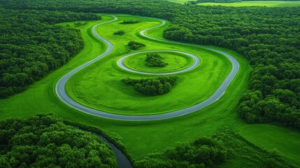 Aerial View of Serene Winding Road Through Lush Green Landscape