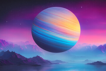Fantasy landscape with large planet visible in colorful sky, surreal scenery with mountains and glowing celestial body