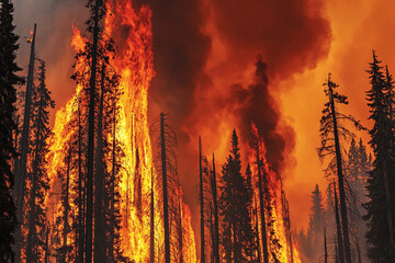 Burning forest during strong wildfire in Yellowstone National Park, Wyoming with thick smoke and intense flames