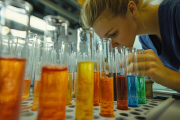 Young female researcher conducting scientific research in laboratory with shallow depth of field, color toned image showing focused work