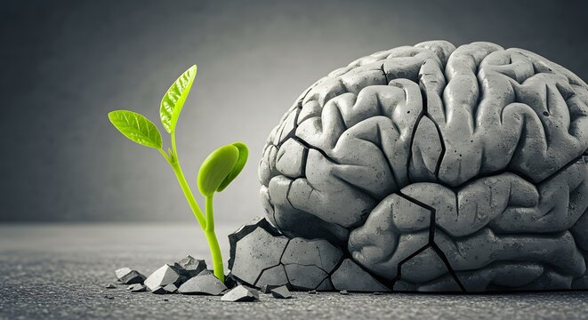 Brain Growth: A symbol of new ideas sprouting from the depths of consciousness, this image depicts a plant breaking through a cracked brain, representing mental growth.