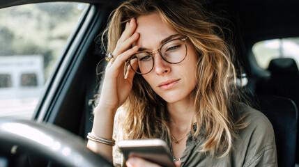Stressed young woman with glasses in a car interior, hand to forehead and smartphone in hand