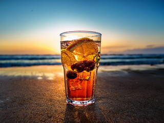 Eighteen Italian soda drinks with vibrant colors and beach sunset backgrounds in a lifestyle collage