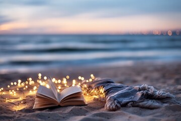 Open book and cozy blanket with lights on beach at sunset with soft ocean background, concept of relaxation and reading