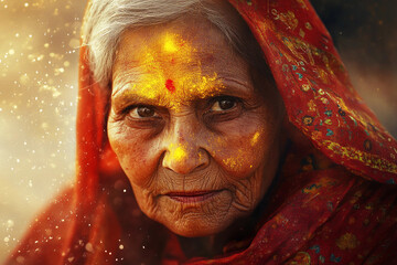 Portrait of Indian old woman wearing red sari with golden paint on face, traditional attire and cultural expression on dark background