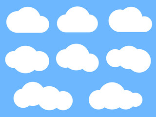 Set of flat white clouds, isolated on blue background