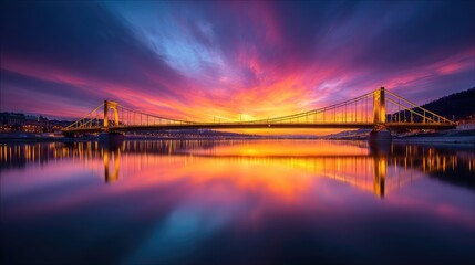 Fototapeta premium A magnificent suspension bridge spans a calm river at sunrise.