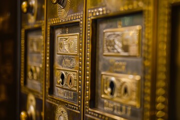 Rows of antique gold mailboxes are showing age and detail in a post office