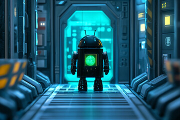 Robot standing inside futuristic spaceship interior with advanced technology panels, glowing lights and sci-fi atmosphere