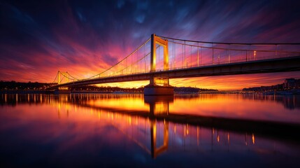 Obraz premium A vibrant suspension bridge at sunrise over calm water.
