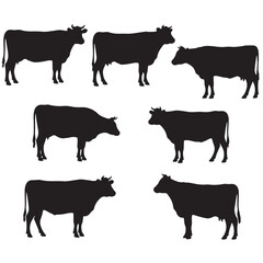 Silhouette Collection Seven Cow Poses -  Farm Animal Vector Graphics