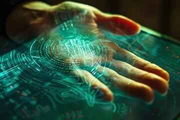 Businessman is using a futuristic holographic interface with his hand, with a green and blue color scheme