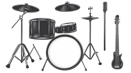 Illustration of a drum set and bass guitar.