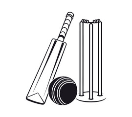 A line art illustration of a bat, ball, and stumps, paired with a dynamic action silhouette for sports emblems on white background
