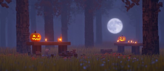 Pixelated Halloween Night: A Spooky Forest Scene with Pumpkins and Moonlight