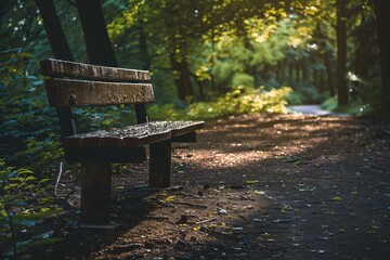Empty bench standing on a path in the woods, illuminated by warm evening sun after rain