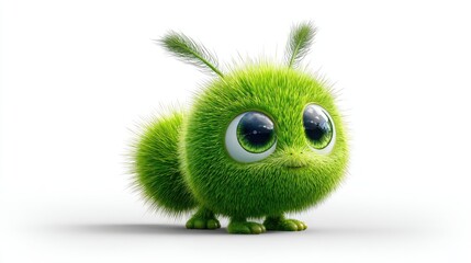 Fluffy, green creature with large eyes.
