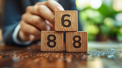 Cubes stacked, with numbers, on aged wood surface