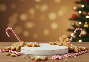 Christmas scene with gingerbread men, candy canes and a festive podium