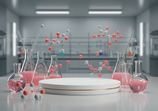 A modern science lab setting, featuring glassware, molecule models, and a presentation stand.