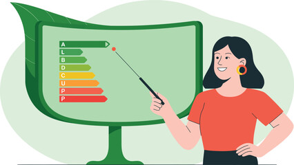 Fototapeta premium Woman Presenting Energy Efficiency Rating on Leaf Shaped Screen with Pointer ai generated vector