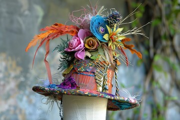 Colorful and original handmade hat made with fabric scraps, ribbons, feathers and flowers