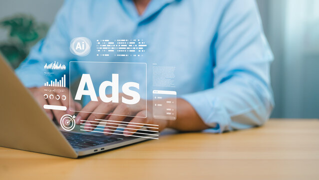 AI digital advertising and data analytics concept with businessman typing on laptop