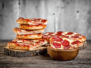 Several pepperoni pizzas on wooden slices
